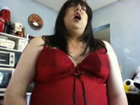 Shemale XXX - Chubby mature shemale bitch Charity Heart lifts her red dress to pleasure her big dick on cam